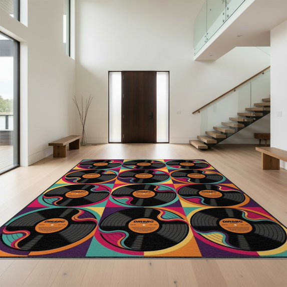 Design&I 8'x10' Washable Area Rug Snag-Free Vinyl Cd Record Music Retro Groovy Swirl Border Tapete Redondo Wet Flowing for Dining Room, Large Office, Lounge