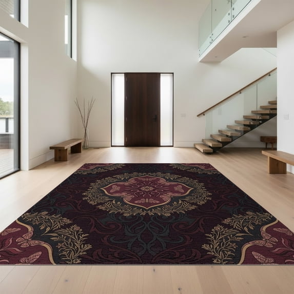 Design&I 8'x10' Washable Area Rug Snag-Free Wildlife Medallion With Dark Botanical Border Vintage Gothic Butterfly Playful for Dining Room, Large Office, Lounge
