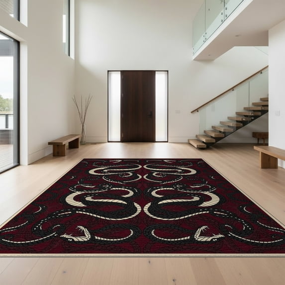 Design&I 8'x10' Washable Area Rug Snake Coiled Round Reptile Spotted Scale Gothic Print Serpent for Dining Room, Large Office, Lounge, Snag-Free