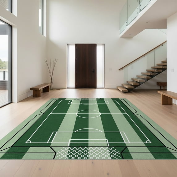 Design&I 8'x10' Washable Area Rug Soccer Field Stadium Stripes Pitch Markings Goal Net Theme Door for Living Room, Family Extra Large Skid-Resistant Low Profile