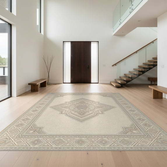 Design&I 8'x10' Washable Area Rug Solid Faded Tonal Minimalist Heathered Subtle Speckled Beige Boho Refined for King Size Bedroom, Under Bed, Sleek Flatweave Pet Friendly