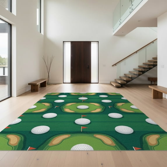 Design&I 8'x10' Washable Area Rug Sport Park Layout With Flag Pin And Fairway Stripe Design Golf Ball Refined for King Size Bedroom, Under Bed, Sleek Flatweave Pet Friendly