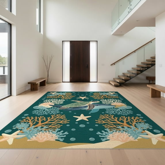 Design&I 8'x10' Washable Area Rug Turtle Nautical Coral Reef Starfish Border Underwater Crab Whale Flowing Dynamic for Living Room, Family Extra Large Skid-Resistant Low Profile
