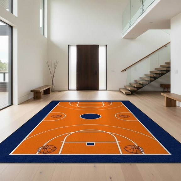 Design&I 8'x10' Washable Area Rug Varsity Basketball Trophy Badge Border Bold Stripe Center Repeating for Dining Room, Large Office, Lounge, Snag-Free