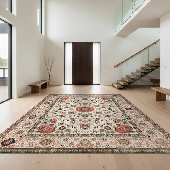 Design&I 8'x10' Washable Area Rug Vintage Boho Ornate Bordered Symmetry Distressed Scroll Border for Living Room, Family Extra Large Skid-Resistant Low Profile