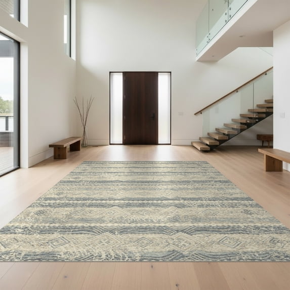 Design&I 8'x10' Washable Area Rug Vintage Boho Wave Faded Nautical Distressed Scroll Border Ocean Flowing Dynamic for King Size Bedroom, Under Bed, Sleek Flatweave Pet Friendly