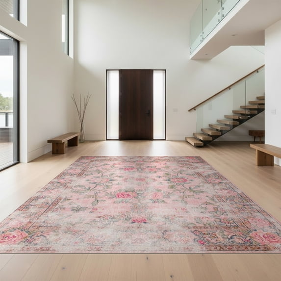 Design&I 8'x10' Washable Area Rug Vintage Botanical Medallion With Scrolling Vine Border Design for Living Room, Family Extra Large Skid-Resistant Low Profile