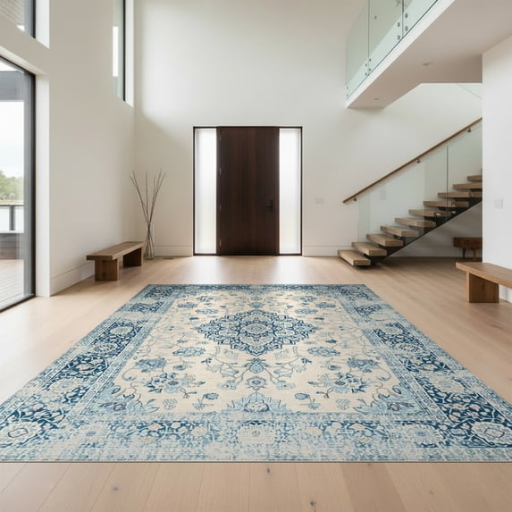 Design&I 8'x10' Washable Area Rug Vintage Floral Medallion With Faded Trellis Botanical Accents for Dining Room, Large Office, Lounge, Snag-Free