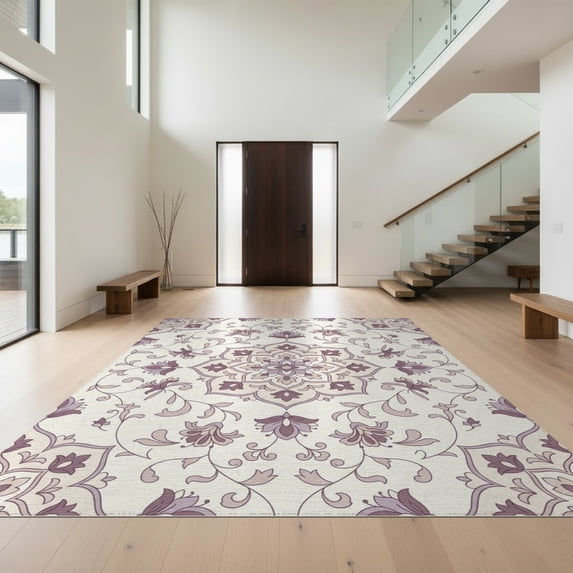 Design&I 8'x10' Washable Area Rug Vintage Pastel Scroll Border Flower Lilac Dorm Purple Boho Playful for Dining Room, Large Office, Lounge, Snag-Free