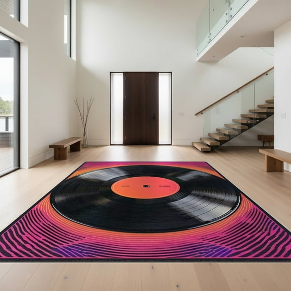 Design&I 8'x10' Washable Area Rug Wet Vinyl Cd Record Music Retro Groovy Swirl Border Tapete Redondo for Living Room, Family Extra Large Skid-Resistant Low Profile
