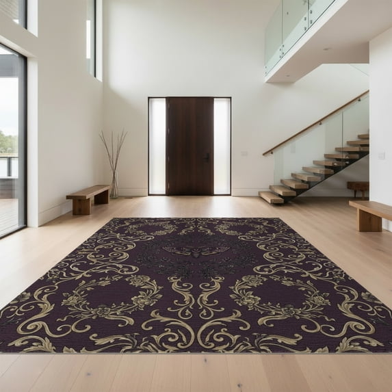 Design&I 8'x10' Washable Area Rug Wildlife Motif Frame Botanical Scroll Border Vintage Gothic Moth Playful for Dining Room, Large Office, Lounge, Snag-Free