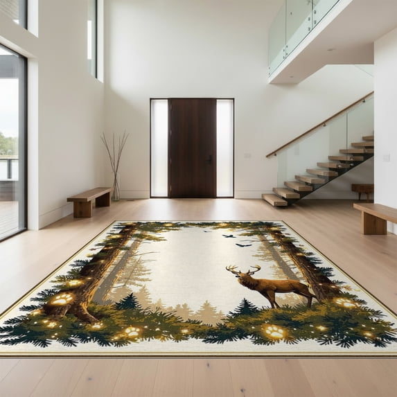 Design&I 8'x10' Washable Area Rug Woodland Deer Hunting Scene With Bear Paw Prints And Antler Details for King Size Bedroom, Under Bed, Sleek Flatweave Pet Friendly