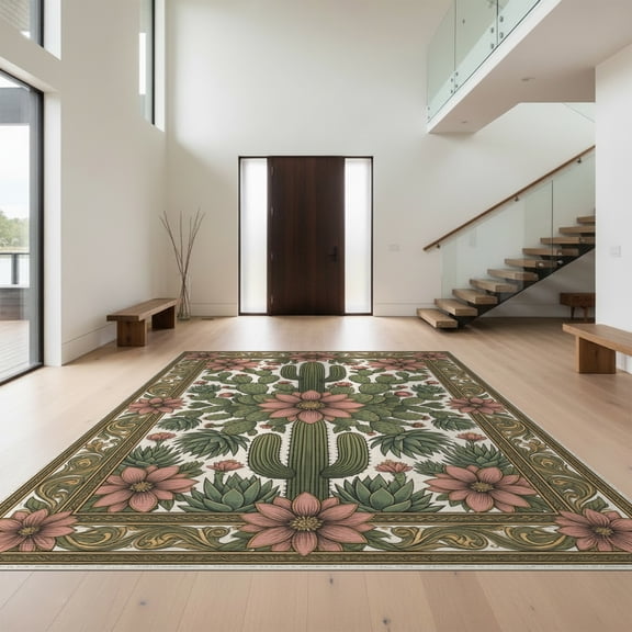 Design&I 9'x12' Washable Area Rug Abstract Botanical Boho Scroll Motif Southwestern Plant Vintage Refined for Great Room, Large Living Giant Skid-Resistant