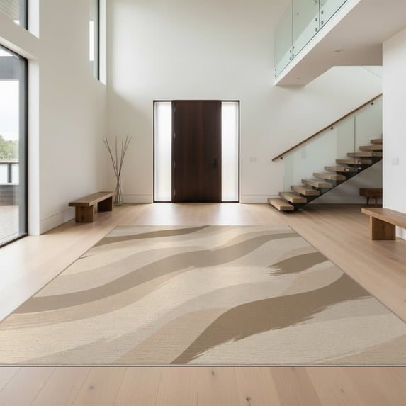 Design&I 9'x12' Washable Area Rug Beige Solid Abstract Brushstroke Tonal Neutral Blend Minimalist for Great Room, Large Living Giant Skid-Resistant