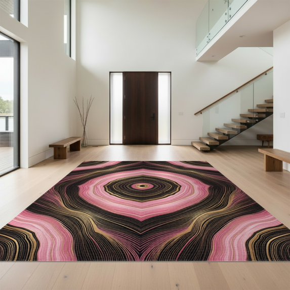Design&I 9'x12' Washable Area Rug Blush Mineral Geode Inspired Veined Swirls Gilded Pink Abstract Refined for Dining Room, Basement, Large Office, Snag-Free