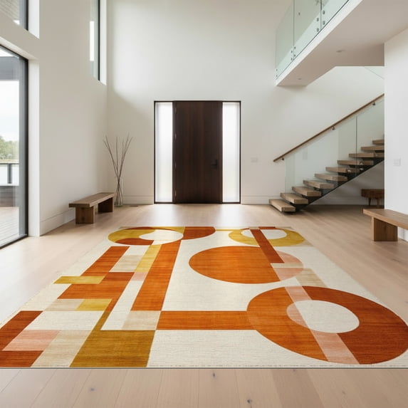 Design&I 9'x12' Washable Area Rug Burnt Orange Terracotta Mid Century Abstract Geometric Bauhaus Midcentury Design for Master Suite, Under Bed, Sleek Flatweave Pet Friendly