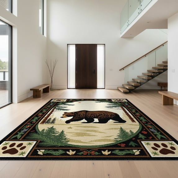 Design&I 9'x12' Washable Area Rug Cabin Wildlife Sunset Border Woodland Bathroom Medieval Print for Master Suite, Under Bed, Sleek Flatweave Pet Friendly