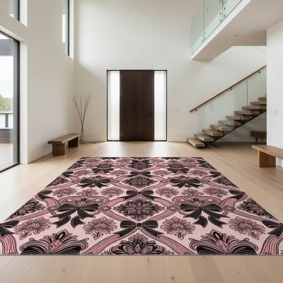 Design&I 9'x12' Washable Area Rug Damask Symmetrical Ribbon Motifs Delicate Scattered Pink Coquette Refined for Great Room, Large Living Giant Skid-Resistant