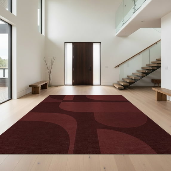 Design&I 9'x12' Washable Area Rug Deep Burgundy Geometric Design Modern Abstract with Bold Shapes for Dining Room, Basement, Large Office, Snag-Free