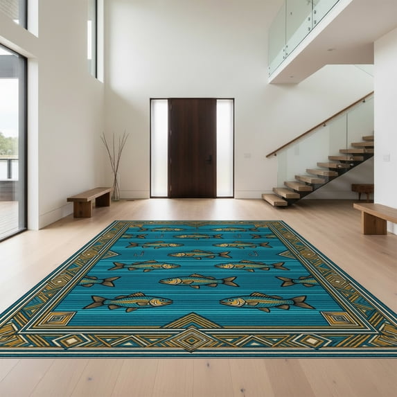 Design&I 9'x12' Washable Area Rug Fish Angler Cabin Stripe Band Wildlife Symmetrical Border Fishing for Dining Room, Basement, Large Office, Snag-Free