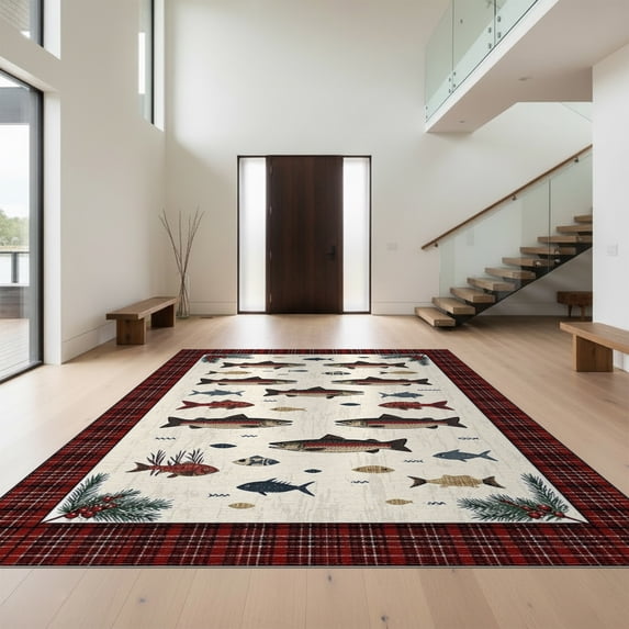 Design&I 9'x12' Washable Area Rug Fish Cabin Distressed Plaid Border Motif Farmhouse Fishing Clownfish for Dining Room, Basement, Large Office, Snag-Free