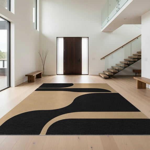 Design&I 9'x12' Washable Area Rug Giant Skid-Resistant Black Beige Abstract Curves and Fluid Lines Design Elegant Modern Artistic for Great Room, Large Living