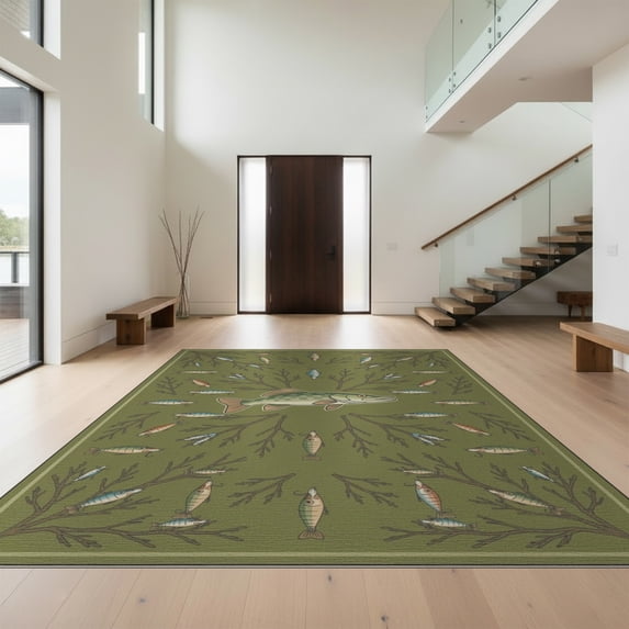 Design&I 9'x12' Washable Area Rug Giant Skid-Resistant Fish Motif Woodland Badge Bass Lake Wildlife Lure Border Fishing Flowing Dynamic for Great Room, Large Living