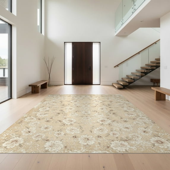 Design&I 9'x12' Washable Area Rug Giant Skid-Resistant Neutral Weathered Faded Ivory Tones Decorative Beige Cream for Great Room, Large Living