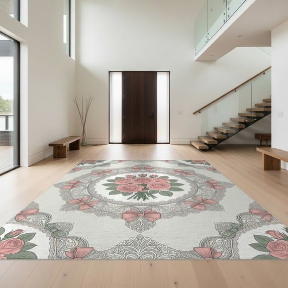 Design&I 9'x12' Washable Area Rug Giant Skid-Resistant Pink Blush Coquette Roses Sage Leaves Mirrored Symmetry Vintage for Great Room, Large Living