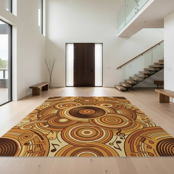 Design&I 9'x12' Washable Area Rug Giant Skid-Resistant Record Vinyl Musical Theme Circular Balanced Tone Music Cd Disc for Great Room, Large Living