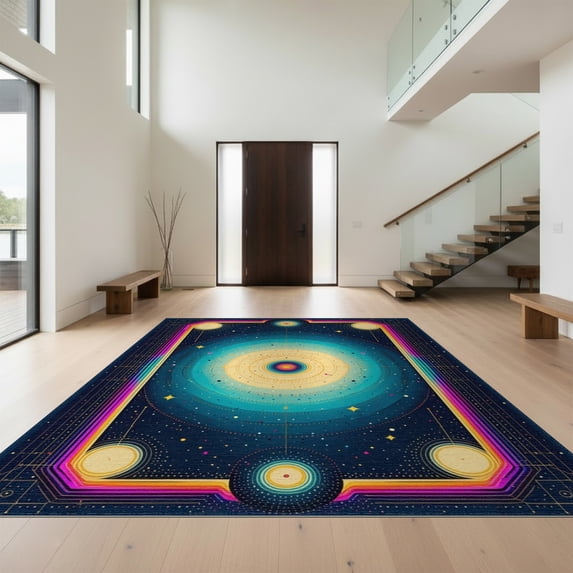 Design&I 9'x12' Washable Area Rug Giant Skid-Resistant Shaped Cosmic Funky Spiral Motif Graphic Eclectic Bathroom for Great Room, Large Living