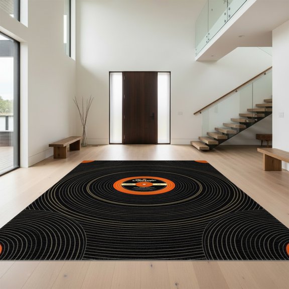 Design&I 9'x12' Washable Area Rug Giant Skid-Resistant Vinyl Record Retro Music Design With Bold Spinning Disc Motif for Great Room, Large Living