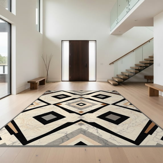 Design&I 9'x12' Washable Area Rug Interlocking Motif Marble Swirl Design Contemporary Abstract for Great Room, Large Living Giant Skid-Resistant