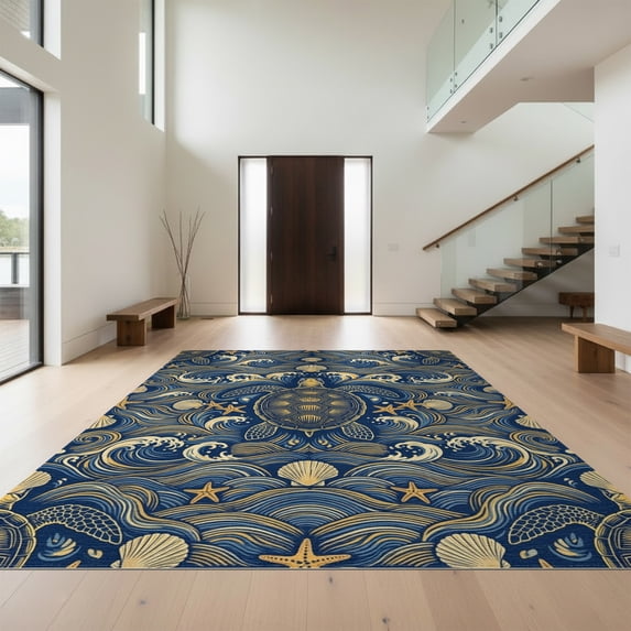 Design&I 9'x12' Washable Area Rug Nautical Seashell Starfish Kanagawa Wave Ocean Themed Turtle Round Refined for Master Suite, Under Bed, Sleek Flatweave Pet Friendly