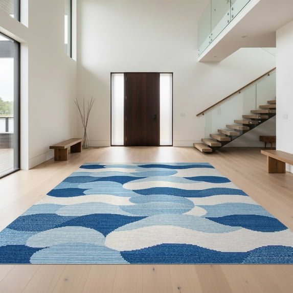 Design&I 9'x12' Washable Area Rug Ocean Wave Themed Grid Abstract Nautical Motif Minimalist Theme for Great Room, Large Living Giant Skid-Resistant