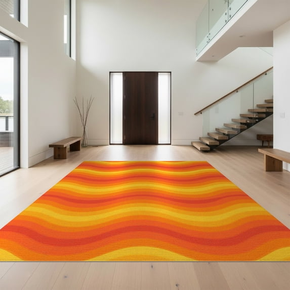 Design&I 9'x12' Washable Area Rug Orange Funky Rhythmic Gradient Stripes Cheerful Saturated Classroom for Master Suite, Under Bed, Sleek Flatweave Pet Friendly