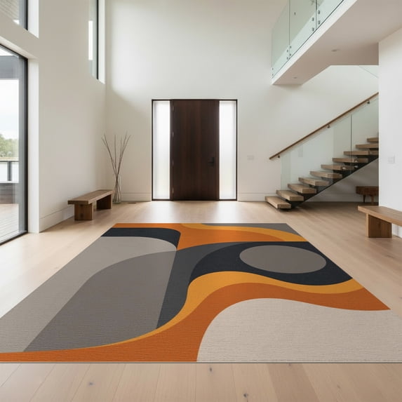Design&I 9'x12' Washable Area Rug Orange Gray Geometric Curves and Waves Design Elegant Abstract Art with Contrasting Tones for Master Suite, Under Bed, Sleek Flatweave Pet Friendly