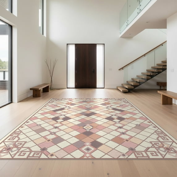 Design&I 9'x12' Washable Area Rug Pink Covering Geometric Interlocking Grid Pastel Argyle Blush for Great Room, Large Living Giant Skid-Resistant