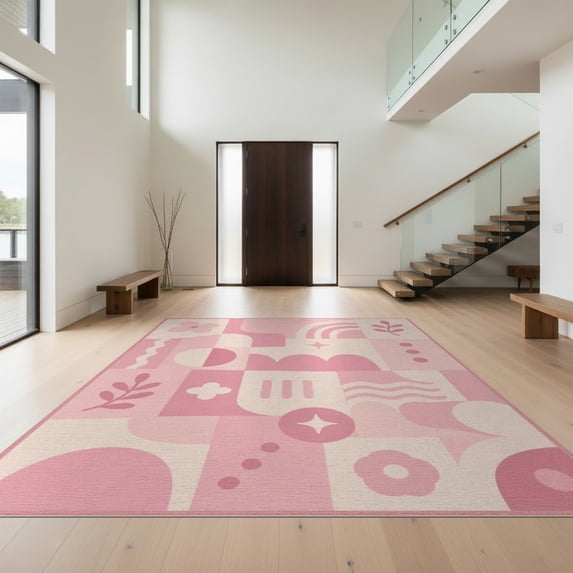 Design&I 9'x12' Washable Area Rug Pink Cream Geometric and Floral Artistry Design Contemporary with Accents for Dining Room, Basement, Large Office, Snag-Free