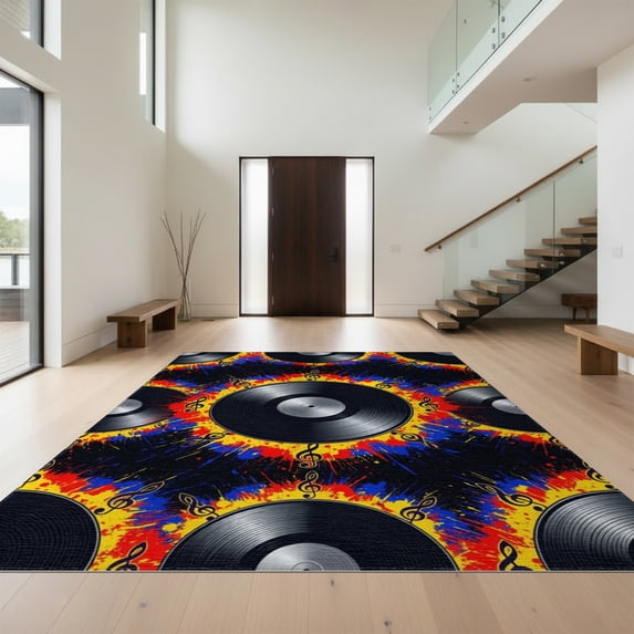 Design&I 9'x12' Washable Area Rug Record Vinyl Retro Turntable Graphic Flowing Eighth Notes Frame for Great Room, Large Living Giant Skid-Resistant