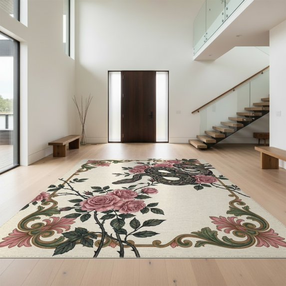 Design&I 9'x12' Washable Area Rug Serpent Pink Floral Gothic Vintage Botanical Python Watercolor for Great Room, Large Living Giant Skid-Resistant
