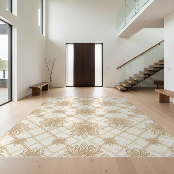 Design&I 9'x12' Washable Area Rug Sleek Flatweave Pet Friendly Beige Traditional Distressed Geometric Botanical Symmetrical Pile for Master Suite, Under Bed