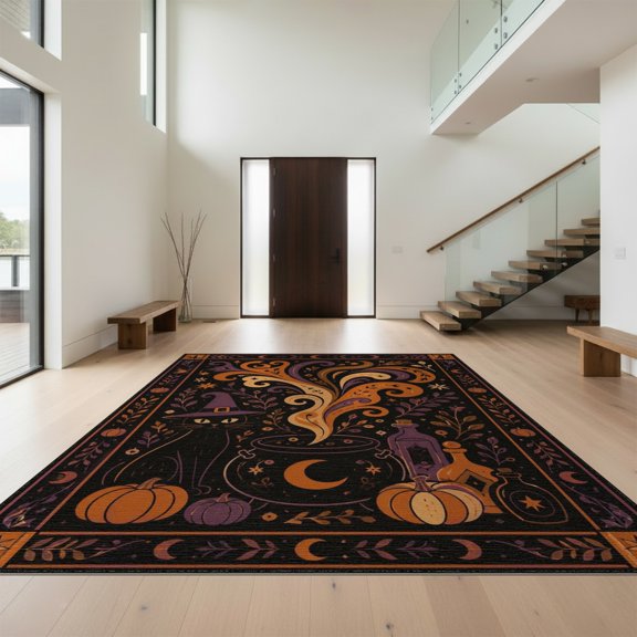 Design&I 9'x12' Washable Area Rug Sleek Flatweave Pet Friendly Black Orange Enchanted Halloween Whimsy Design Mystical Night Motif with Pumpkins for Master Suite, Under Bed