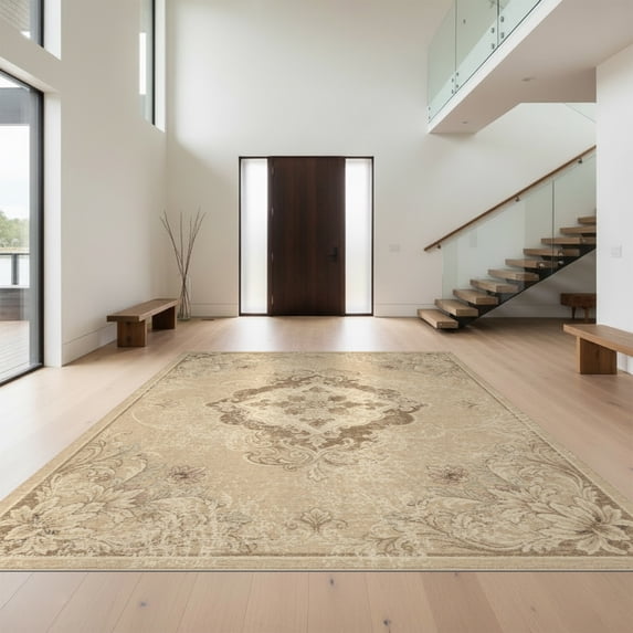 Design&I 9'x12' Washable Area Rug Sleek Flatweave Pet Friendly Farmhouse Ornamental Flourish Antique Inspired Symmetrical Design for Master Suite, Under Bed
