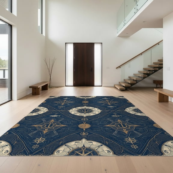Design&I 9'x12' Washable Area Rug Sleek Flatweave Pet Friendly Fish Navigation Fishing Symbols Hook Centerpiece Hunting Animals for Master Suite, Under Bed