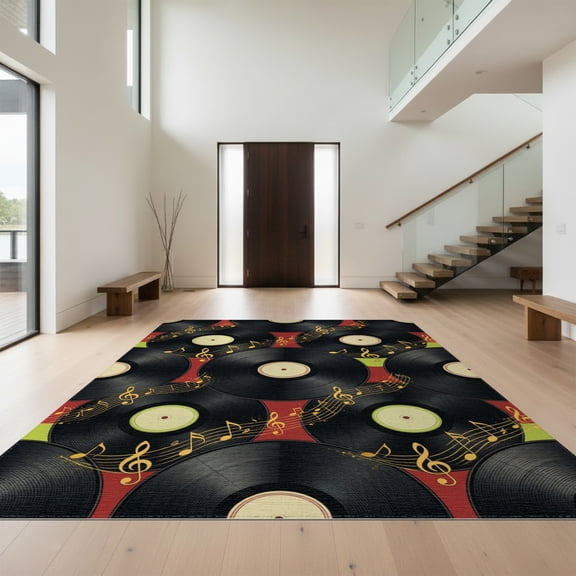 Design&I 9'x12' Washable Area Rug Sleek Flatweave Pet Friendly Record Musical Vinyl Collage Overlapping Albums Melodic Theme for Master Suite, Under Bed