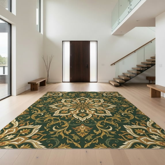 Design&I 9'x12' Washable Area Rug Sleek Flatweave Pet Friendly Round Faded Circle Ornamental Scrolled Traditional Dining Table for Master Suite, Under Bed