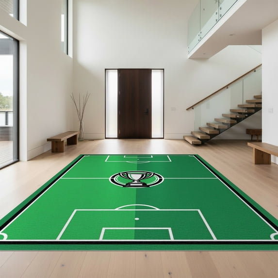 Design&I 9'x12' Washable Area Rug Sleek Flatweave Pet Friendly Soccer Football Field Pitch Boundary Stripes Ground Cover Door for Master Suite, Under Bed