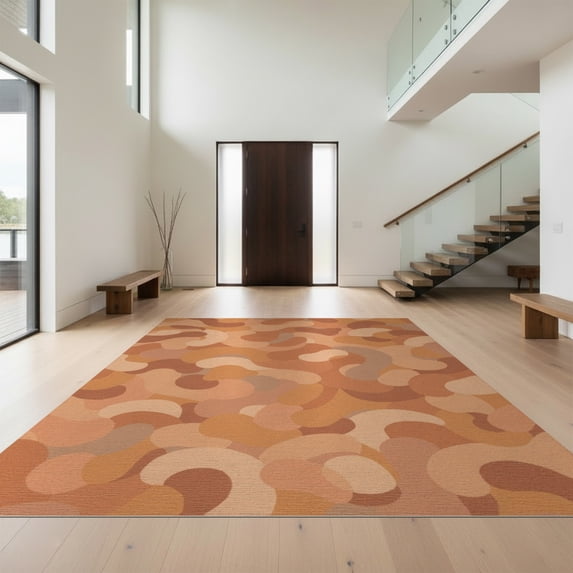 Design&I 9'x12' Washable Area Rug Sleek Flatweave Pet Friendly Terracotta Retro Bauhaus Inspired Curved Forms Boho Mid Century for Master Suite, Under Bed