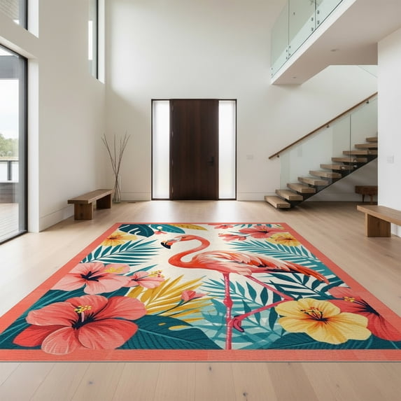 Design&I 9'x12' Washable Area Rug Snag-Free Abstract Bold Pastel Block Border Botanical Boho Vintage Blooms for Dining Room, Basement, Large Office
